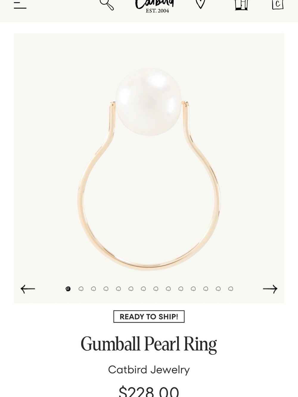 New - Catbird 14k Gold Gumball Ring with White Pearl